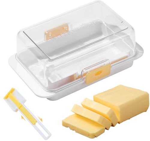 Large Butter Dish with Lid and Knife Plastic Airtight Butter Keeper Holds up to 500g of Butter Built-in Divider for 5g/10g Portions Butter Container French Butter Dish with Lids for Fridge Countertop