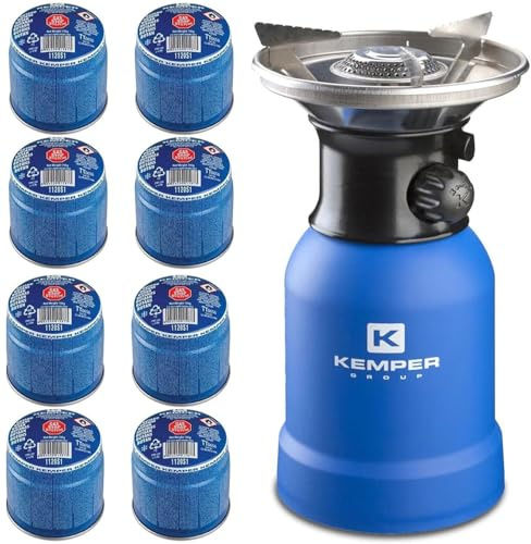Hornillo Camping Gas Cocina Portátil + 8 Bombonas 190g para Acampada, Campo, Playa, Montaña, Quemador con Regulador de Gas Butano - Kemper KE2008