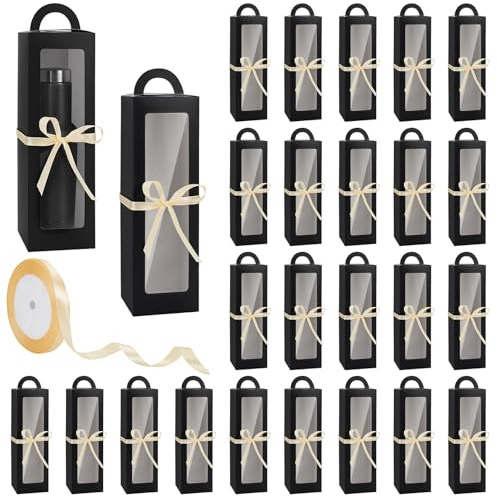 DELORIGIN 30 Pack Schwarz Becher Geschenk Boxes mit Griff für 16oz 20oz 30oz Glas Cups Wein Klar Fenster Geschenk Boxes mit 25 Yards Gold Band für Tumblers Hochzeit Favors Geschenke Verpackung