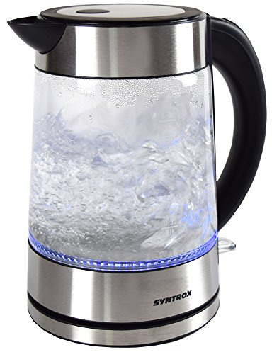 Syntrox Germany WK-2000W-1.7G Lago 2000 Watt 1, 7 Liter Edelstahl schnurlos Glas Wasserkocher mit blauem LED Licht 360° cordess Wasserkessel Teekessel