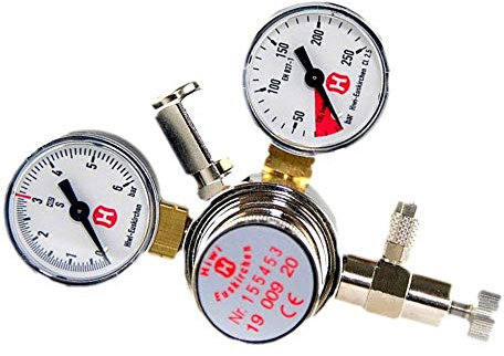 Hiwi CO2 Druckminderer Profi Variante Mehrweg mit Feinnadelventil ohne Rückschlagventil 2 Manometer Flaschen- und Arbeitsdruck Made in Germany