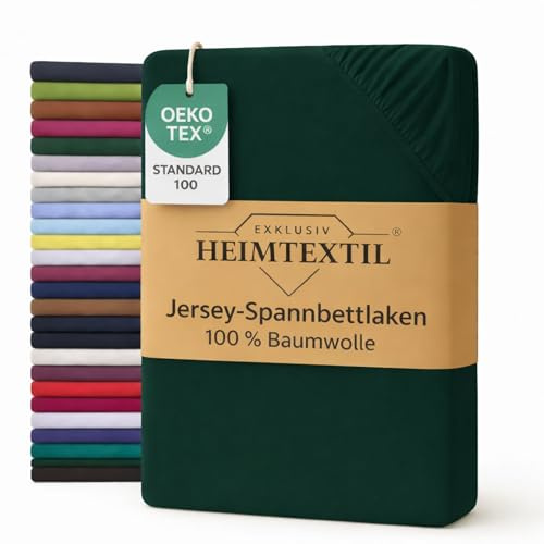 EXKLUSIV HEIMTEXTIL Marke Jersey Spannbettlaken 90-100 x 200 cm 100% Baumwolle Öko - Tex Zertifiziert, Markenqualität, Matratzenhöhe bis 25 cm, Dunkelgrün