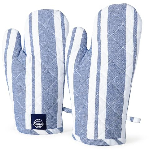 Encasa XO Gants de Four en Coton résistant à la Chaleur (Lot de 2) - sûr pour la Cuisine, la Cuisine et la pâtisserie, la Manipulation de marmites Chaudes - 18x30 cm Rayures Bleues Franca