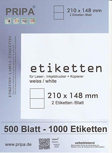 pripa Universal Etiketten 210 x 148 mm - 500 Blatt Großpackung DIN A4-1000 selbstklebende bedruckbare Etiketten - weiß