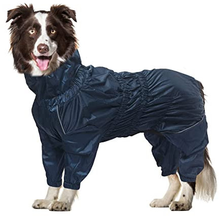Geyecete -Regenmantel für hunde mit vier Beinen,Hunde Regenjacken Hosenanzug mit Geschirr loch, reflektierender vollwickel elastisch wasserdicht mantel fur Groß mittel und klein hunde-Navy Blau-M