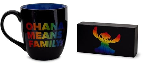 Silver Buffalo Disney Stitch Ohana Means Family Rainbow Pride Tasse en céramique 530 ml et panneau de boîte DPL509K1 Noir/arc-en-ciel