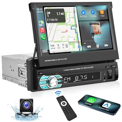 Podofo Single Din Carplay Car Stereo with Bluetooth AHD Backup Camera, 7 Inch flip Out Touch Screen Car Radio MP5 Player Support Android Auto, Mirror Link, USB, TF, FM Radio, Aux-in, SWC