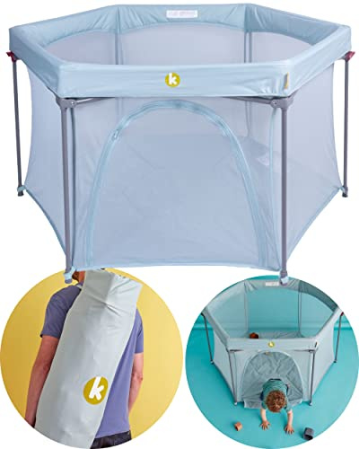 Koo-Di Happy Home Foldable Playpen - Springwater | Foldaway Baby & Toddler Play Pen for Indoor, Outdoor & Travel | Water-Resistant, Padded Base, Mesh Sides, Zip Door, Freestanding Frame & Carry Bag