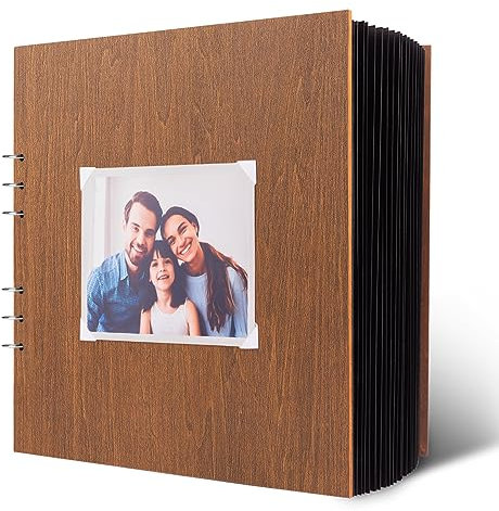 Creawoo Holz Fotoalbum DIY Fotobuch zum Einkleben Klein Spiralbuch 28x28 cm, Scrapbook Gästebuch mit 80 schwarzen Seiten, Perfekt für Hochzeit, Baby, Reise, Jahrestag, Geburtstagsgeschenk