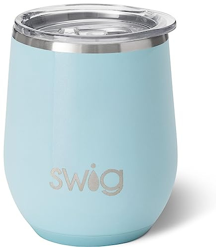 Swig Life Bicchiere da vino senza stelo da 350 ml, bicchiere da vino isolato con coperchio (acquamarina scintillante)