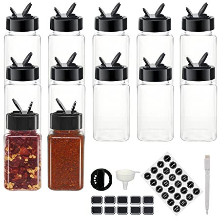 YBCPACK 12 Pack 4oz Plastic Spice Jars with Lids and Labels，Small Square Spice Storage Containers with Black Flip Top Cap for Spice Seasoning Organiser