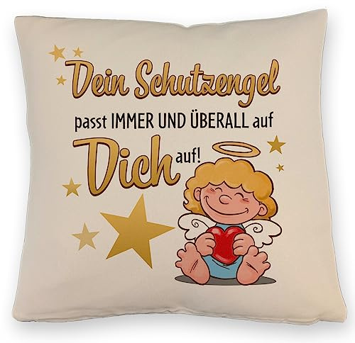Schutzengel Kissen mit Leinenoptik mit Spruch Dein Schutzengel passt Immer und überall auf Dich auf Geburtstag Taufe Kinder Freunde Familie Fürsorge DekoKissen mit Leinenoptik
