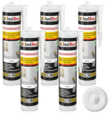Isolbau Fassaden-Acryl - Acryl-Dichtstoff mit Körnung zum Füllen von Rissen & Fugen im Innen- & Außenbereich - Weiß, 5 x 300 ml Kartusche