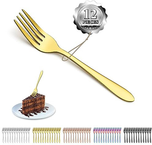 Kyraton Goldene Dessertgabeln 12 Stück 14cm Edelstahl titanbeschichtet goldene Kuchengabeln, Obstgabeln, Gabelsilber, Hochglanzpoliert Spülmaschinenfest