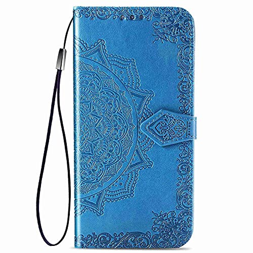WBWONE para Motorola Moto G14 Funda, Mandala Flip Carcasa Magnética con Soporte y Cartera para Tarjetas, Premium PU/TPU Cuero Case Cover Billetera. Azul