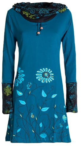 Vishes - Alternative Bekleidung - Damen Blumen-Kleid Langarm-Shirtkleid Schal-Kleid Baumwollkleid türkis 42