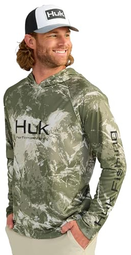 HUK Mens Pursuit Pattern Hoodie, Sun Protecting Fishing Shirt with Hood, Mossy Oak Stormwater Freshwater, X-Large