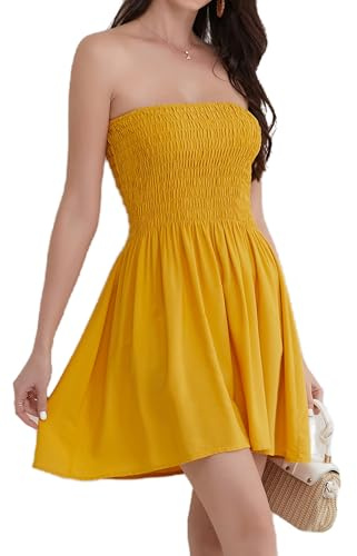 Daenery Vestido Corto de Verano para Mujer, con Tirantes Delgados, sin Mangas, Espalda Descubierta, Cintura Alta, Lemon Yellow, XL