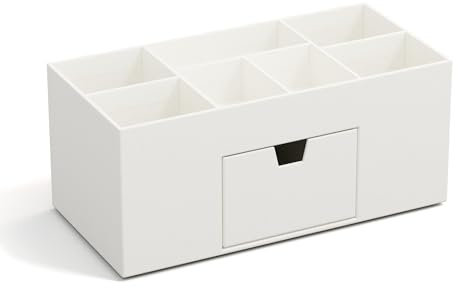 BIGSO VENDELA Schreibtisch Organizer mit 7 Fächern und Schublade – Ablagebox aus Faserplatte und Papier – Schreibtischset für Büromaterial – weiß