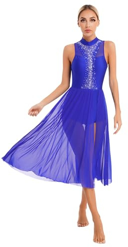 Freebily Abito da Ballo per Donna Latino Americano Vestito da Ballo Valzer Tango Balletto Leotard Body Ginnastica Abito da Danza Classica Lirica Costume da Competizione Blu Reale S