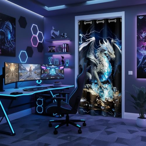 Castle Fairy Türvorhang mit 3D-Motiv für Jungen und Mädchen, Motiv: Donner, Blitz, Türvorhang, 86,4 cm B x 203,2 cm, Blau, glänzend, Diamant-Verdunkelungsvorhang, Drache, Tier, Vorhang, Wandteppich
