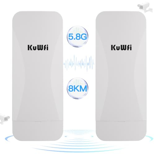 KuWFi 5.8G Outdoor WiFi Bridge, 8KM Long Range, Gigabit LAN, 18dBi Antenna | 900Mbps PTP/PTMP, RJ45 Gigabit Port, 48VPoE/DC12V, IP65 Waterproof, 4KV Lightning Protection, 128 Users, Remote Cloud Service