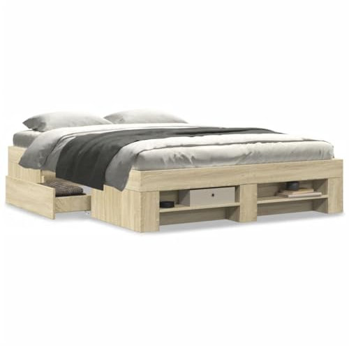 Homgoday Bettgestell mit Schubladen Stauraumbett Bettrahmen Holzbett Schubladenbett Doppelbett Bettgestell Bett mit Kopfteil für Schlafzimmer Sonoma-Eiche 120x200 cm Holzwerkstoff