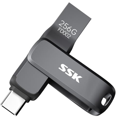 SSK Unidad flash USB dual de 256 GB, velocidad de lectura de hasta 200 MB/S, unidad USB pequeña USB 3.2 con USB tipo C y USB A, memoria USB de metal negro resistente para smartphones, tabletas, Mac,