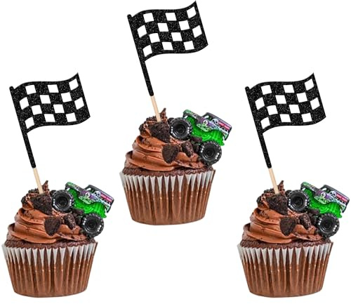 SYKYCTCY 24 Pack Checkered Racing Flag Cupcake Toppers Black Glitter Race Car Checkered Flag Cupcake Picks Finish Line Cupcake Decorations Party Cake Decorations Supplies