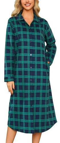 ENJOYNIGHT Nachthemd Damen Lang Flanell Schlafshirt Langarm Sleepshirt Knopfleiste Nachtwäsche Hauskleid mit Taschen(Large,Blau+Grün)