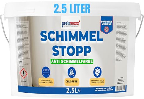 Preismaxx Feuchtraumfarbe für Badezimmer, Küche und Schlafzimmer – Wandfarbe innen weiß mit hoher Deckkraft – atmungsaktiv, feuchtigkeitsregulierend und schimmelresistent (2,5 Liter)