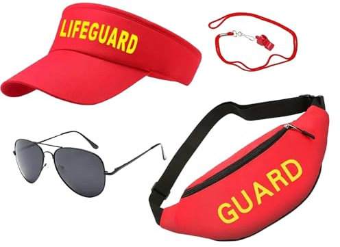 Iouyjiu Sandlot Lifeguard Kostüm | Adjustable Baywatch Lifeguard Outfit | Complete Set with Sun Visor, Fanny Pack, Sunglasses, and Whistle for Fun Beachwear Kostüm