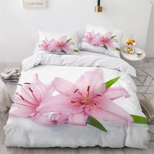 Bettwäsche 135x200 Rosa Lilie Bettwäsche Set 3D-Druck Bettbezug 3 Teilig mit Reißverschluss, Super Weich, Premium Mikrofaser Bettwäsche-Sets mit 2 Kissenbezug 80x80 cm