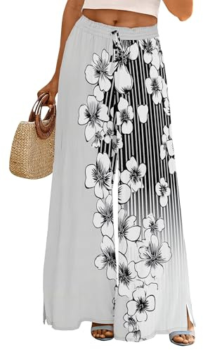 domirica Palazzo Pants for Women Casual White Floral Print Wide Leg Empire Waist Comfy Flowy Knee Length Cotton Pants 2025 Spring Plus Size Boho Long Indian Dressy Trousers,2XL