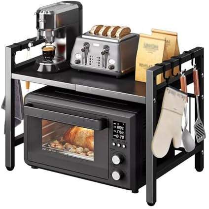 Griglia Regolabile per Forno a microonde con 6 Ganci, Acciaio al Carbonio, capacità di carico Elevata, ripiano da Cucina salvaspazio con Organizer. Black,40 * 36 * 46cm