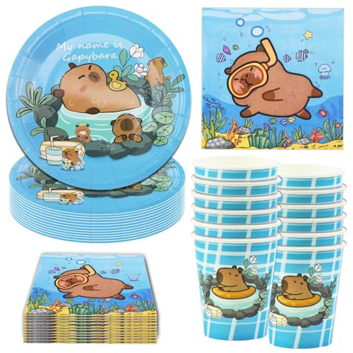 Hmfmdy Juego de Cajilla para Fiesta de Animales, 40 Piezas de Decoración de Capibara, Vajilla de Cumpleaños con Platos, Vasos y Servilletas de Papel, para - 10 Personas