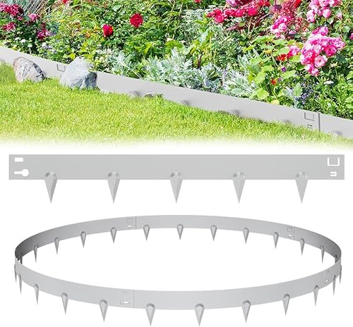 Aufun 5 Stück Rasenkante verzinkt Metall, 5.3 M Flexible Beeteinfassung Mähkant Palisade Gartenbeet mit Dornen, Beetumrandung für Hof Garten Bauernhof verwendet Werden, Silber (106cmL x 16 cmH)