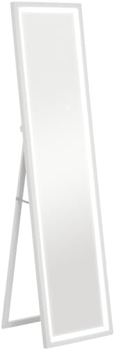 HOMCOM Grand Miroir Pleine Longueur 40x160cm Éclairage LED 3 Couleurs Blanc | Support, Miroir Mural ou sur Pied Rectangulaire, pour Chambre à Coucher, Salon, Dressing