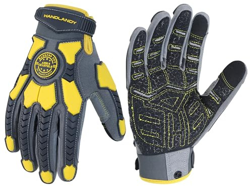 HANDLANDY Schnittfeste Handschuhe Männer Anti-Vibrations-Arbeitshandschuhe, gepolsterte Handfläche Grip Heavy Duty Arbeitshandschuhe (Grau-gelb, L)
