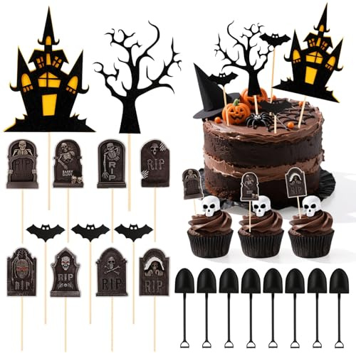 GSrenyu 53 Pcs Halloween Cake Toppers Tombstone Cemetery Cupcake Toppers Novel Mini Shovel Spoon Suitable for Halloween Party Birthday Party Decoration Supplies