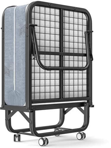 Frost IX 190x80cm Folding Bed with Mattress, Guest Bed with 12cm Memory Foam Mattress, Foldable Sturdy Metal Frame Single Bed on Wheels, Rollaway Bed for Bedroom, Office, Space-Saving