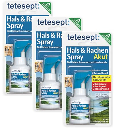 tetesept Hals & Rachen Spray - Spray mit Isländisch Moos und Dexpanthenol - zur Befeuchtung & Linderung bei Halsschmerzen, Husten und Heiserkeit - 3 x 30 ml