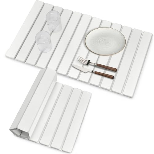 Large Stone Dish Drying Mats for Kitchen Counter, 28(L)×16(W) White, Fast Drying Collapsible Dish Drying Mat, Eco-Friendly Absorbent Diatomaceous Earth Mats for Dishes Bottles, Match Countertop