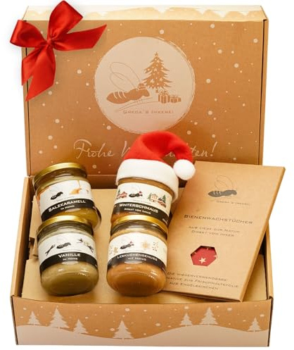 Honig Geschenkset von Grega’s Imkerei Präsentbox/Weihnachtsbox mit Honig und mehr direkt vom Imker (C – Weihnachtstraum Box (mit Bienenwachstuch))
