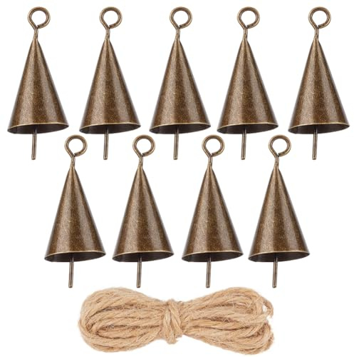 CREATCABIN 9 Stück Glocken Basteln Weihnachtsglocken Ornamente Rustikale Hängeglocken Metall Kleine Vintage Glocken Bronzefarbene Hexen Hängewindspiele Mit Juteseil Für Weihnachtsbaum Urlaub 4.5x2.4cm