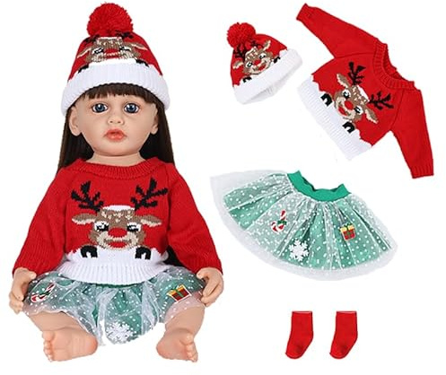 Puppenkleidung für 50-55 cm Baby Puppen, 4 Stück Tierische Elemente Puppenkleidung Outfit, Hut, Pullover, Rock, Rote SockenKleidung, Puppenkleidungs Zubehör Perfekt für Mädchen und Puppensammler