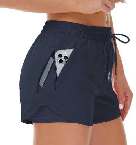 Cheerful Mario 2 en 1 Femme Running Short de Sport été pour Fitness Jogging Entraînement Poche avec Zippées