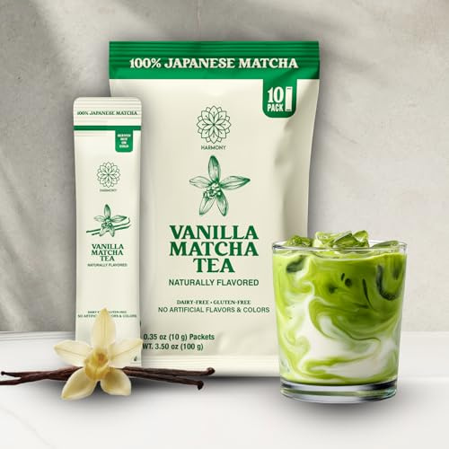 The Harmony Matcha Vanilla (10 Sticks) Premium Sweetened Japanese Matcha Powder, Rich in Antioxidants & L-Theanine, Dairy, Gluten, & Preservative Free, Serve Hot or Iced