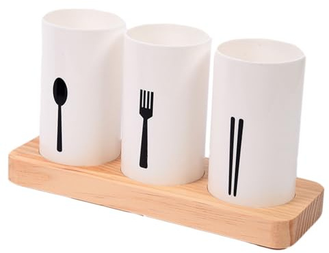 SenaiMy 3er Set Besteckhalter mit Holzsockel, Besteckköcher aus Kunststoff für Messer, Gabel, Löffel, Küchenutensilienhalter & Besteckaufbewahrung, Küchen-Organizer für den Esstisch