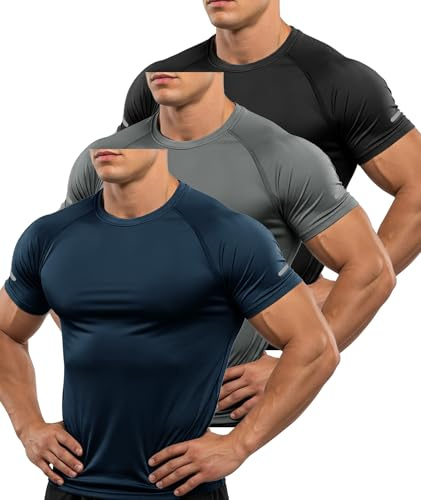 ZITY 3 Pezzi T-Shirt Uomo Sportive Magliette Manica Corta Traspirante Estate T Shirt Asciugatura Rapida Tshirt Funzionale Trekking Fitness Maglietta Blu Navy+Grigio+Nero L